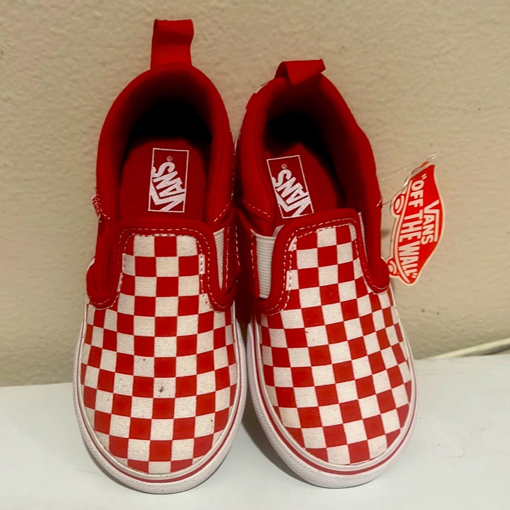 Bright Red Checkers Slip On Vans